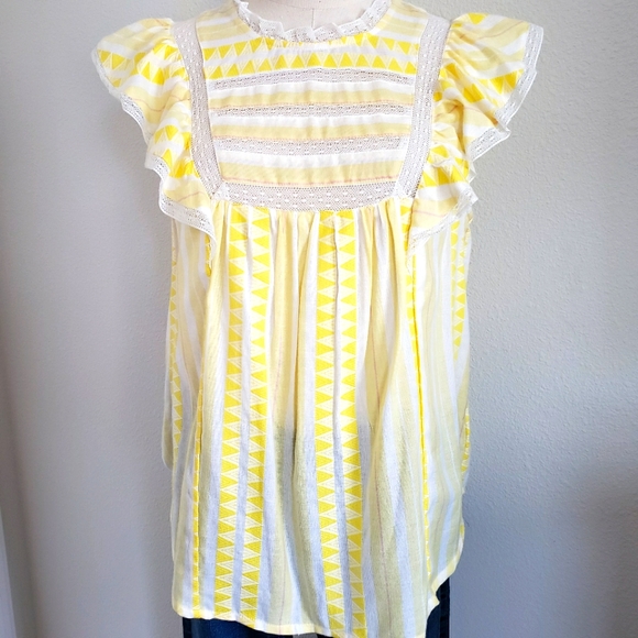 ELLA MOSS Empire Yellow Kinslee Short Flutter Sleeve Lace Trim Blouse—NWT—L - Picture 7 of 15